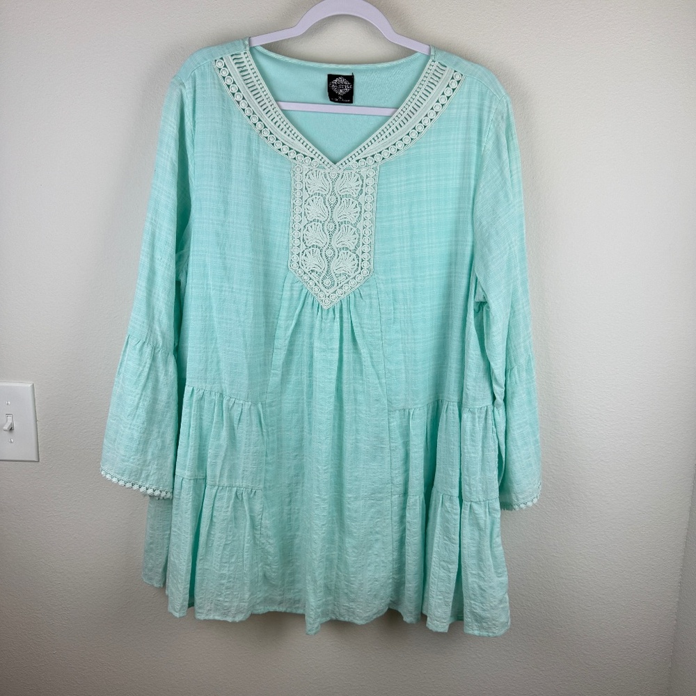 CAL STYLE Boho Aqua Crochet Tunic Soft Pleated Tunic Top (or dress) / Size XL